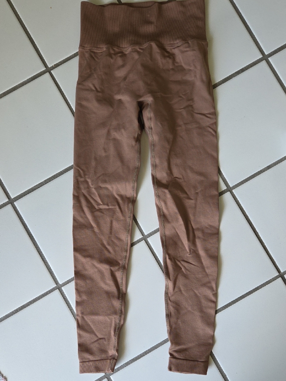 High-Waist Ribbed Waistband Leggings - Brown